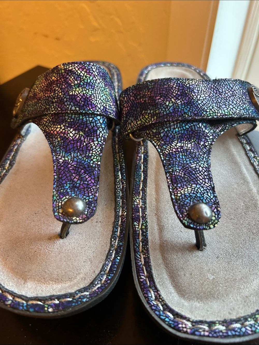 Alegria by PG Lite purple and blue print sandals size 39